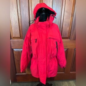 Land’s End Bright Red Squall Insulated Jacket Coat Sz L Women Hood Vent Zip Out